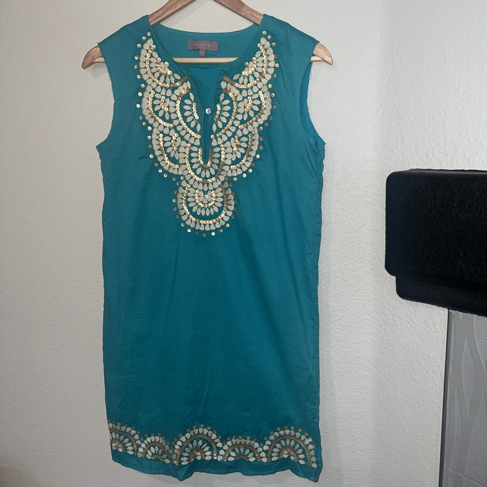 Harper Womens Teal Cotton V-Neck Sequin Embroidered Sleeveless Dress S dj19142t